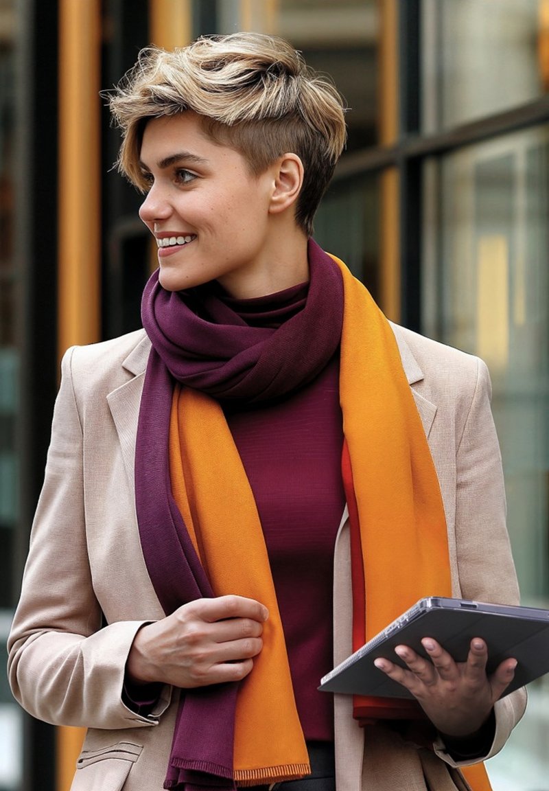 Frau mit kurzem blonden Haar, die ein beiges Blazerjacke und einen lila-orangen Schal trägt, ein Tablet hält, lächelt und nach draußen zur Seite schaut.