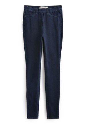 Tumedas sinises täispikkuses denimist retuusid, millel on ees taskud ja vöökonksud, märgitud kui jersey denim kangas.