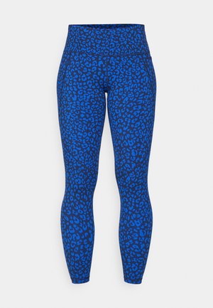 Blauwe legging met een luipaardprint in variërende tinten blauw, met een hoge tailleband en een getailleerd ontwerp.