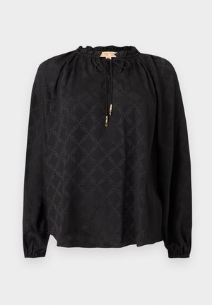 Blusa nera a maniche lunghe con scollo arricciato, coulisse e un sottile motivo tono su tono su tutta la superficie. Maniche con polsini elastici.