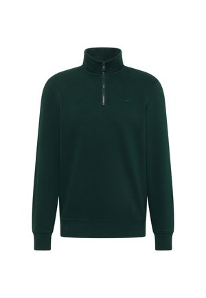 Dunkelgrüner Pullover mit langen Ärmeln, hohem Kragen und einem vorderen Reißverschluss, der bis zur Brustmitte reicht.