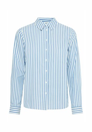 Hele sinine ja valge triibuline pika varrukaga särk, millel on klassikaline krae, nööbid eest ja mansetid, millel on sarnane triibu muster.