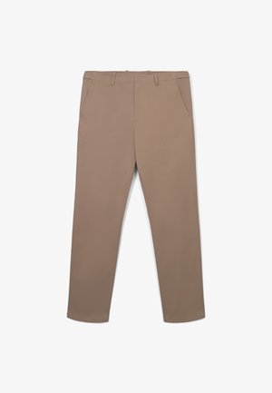 Beige Chinos aus Baumwolle, mit geradem Schnitt, Gürtelschlaufen und zwei Fronttaschen für Praktikabilität. Glatte Textur.