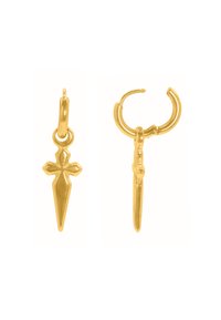 Les boucles d'oreilles en or en forme de hoop présentent un design décoratif en croix et en lance, avec une texture polie et une finition lisse.