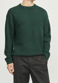 Dunkelgrüner, grob gestrickter Pullover mit einem gerippten Rundhalsausschnitt und langen Ärmeln, kombiniert mit schwarzen Hosen. Weicher Stoff und lässige Passform.