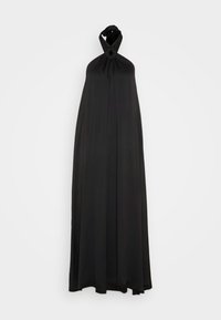 Lungo vestito nero a halter con collo annodato, silhouette fluida e texture liscia. Caratterizzato da un design minimalista e copertura completa.