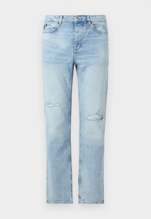 Lichtblauwe denim jeans met een rechte pasvorm, knoopsluiting, voorzakken en kleine versleten scheurtjes op beide dijen.