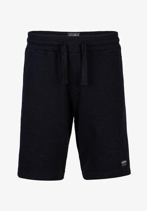 Shorts neri in cotone con vita elasticizzata, chiusura con cordino e logo a patch sulla gamba inferiore. Tessuto liscio, design fino al ginocchio.