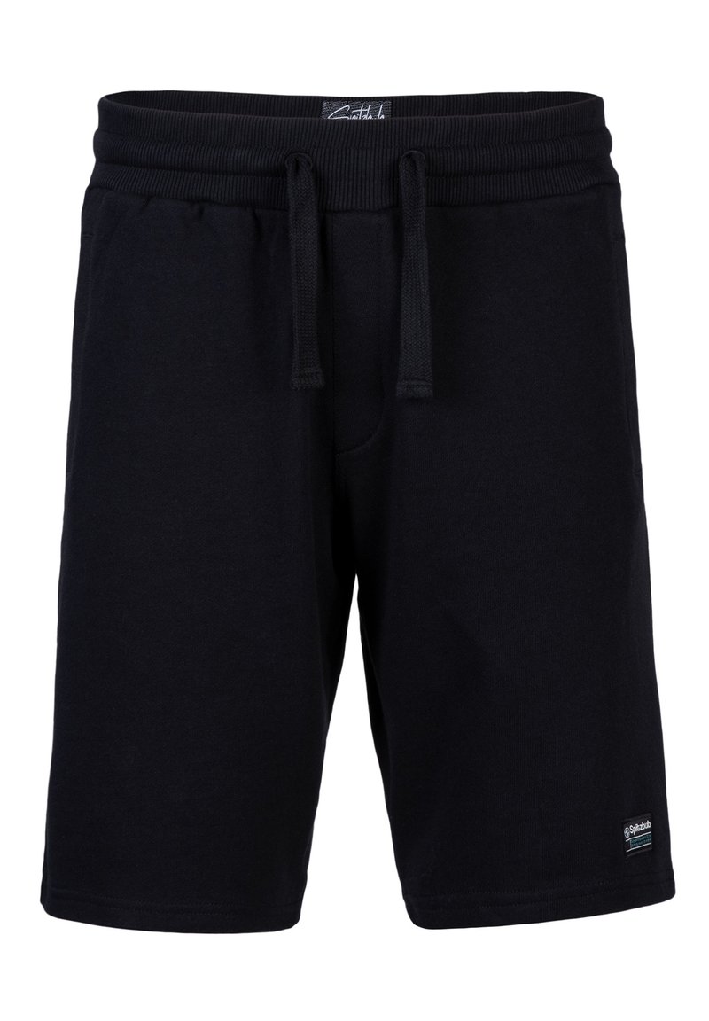 Schwarze Baumwollshorts mit einem elastischen Bund, Kordelzugverschluss und einem Patch-Logo am unteren Bein. Glatte Textur, knielanges Design.