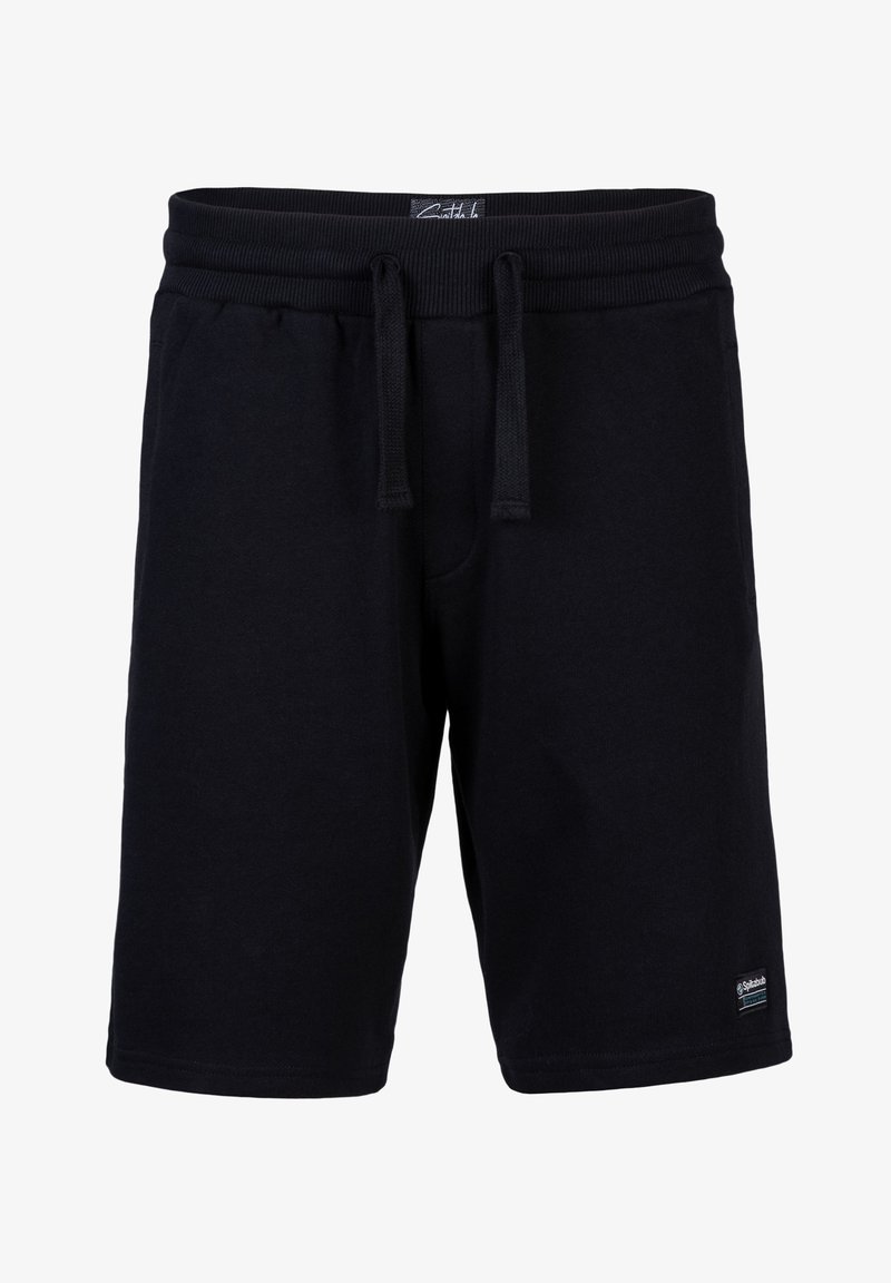 Schwarze Baumwollshorts mit einem elastischen Bund, Kordelzugverschluss und einem Patch-Logo am unteren Bein. Glatte Textur, knielanges Design.