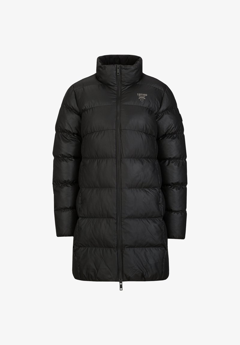 Zwarte pufferjas met een hoge kraag, verticale baffeldesign, rits aan de voorkant en zijzakken. Gladde, glanzende textuur met logo-detail.