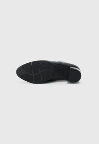 Chaussure formelle noire vue du côté de la semelle, présentant des motifs de grip texturé et un petit talon sur un fond blanc uni.