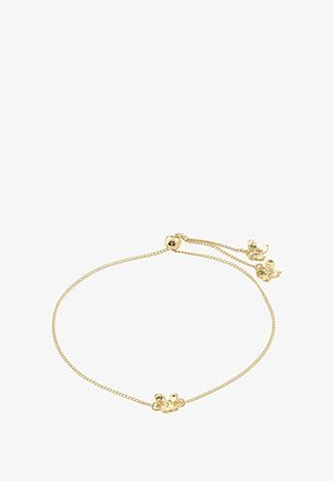 Armband in goudkleur met een fijn kettinkje, voorzien van drie kleine bloemaccenten en een schuifkraalsluiting voor verstelbare lengte.