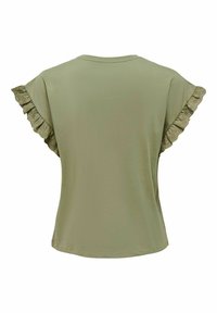 Olivgrön t-shirt med korta volangärmar med hålmönster, mjuk textur, rund halsringning och avslappnad passform.