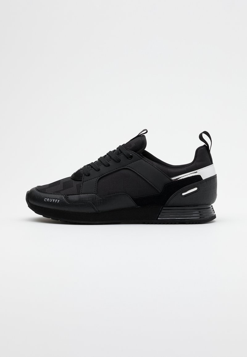 Baskets basses noires avec lacets, empiècements texturés, accent blanc au talon et marquage "Cruyff" sur le côté avant.