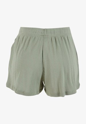 Knit shorts in light green, featuring a textured vertical stripe pattern. Elastic waistband with loose, flared hems.