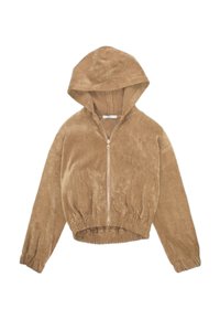 Giacca a zip con cappuccio marrone realizzata in tessuto morbido. Presenta polsini e orlo elasticizzati, due tasche anteriori e una texture liscia.