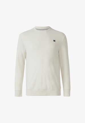 Crème kleurige sweatshirt met lange mouwen, ronde hals, ribgebreide manchetten en zoom, en een klein zwart logo op de linker borst.