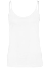 White tank top made of smooth fabric, featuring thin adjustable straps and a rounded neckline, with a fitted silhouette.