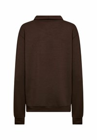 Brown pullover sweatshirt with a polo collar, long sleeves, and a relaxed fit. Smooth texture with ribbed cuffs and hem.