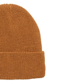 Strikket hue i varm orange-brun, med et struktureret stitch mønster og en foldet manchet for ekstra varme og komfort.