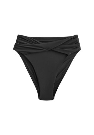 Slip de bikini negru, cu talie înaltă, detaliu răsucit din material de-a lungul taliei, finisaj neted și tăietură moderată a piciorului.