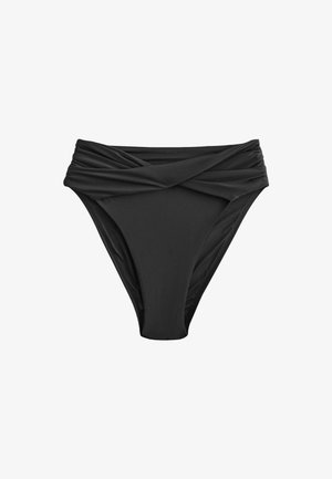 Fekete, magas derekú bikini alsó csavarodott anyagrészlettel a derékszalagnál, sima felülettel és közepes lábszárral.