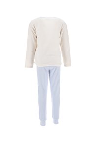 Conjunto de pijama de forro polar que incluye una camiseta de manga larga color crema y pantalones azul claro. Textura suave, con puños acanalados en las mangas y los tobillos.