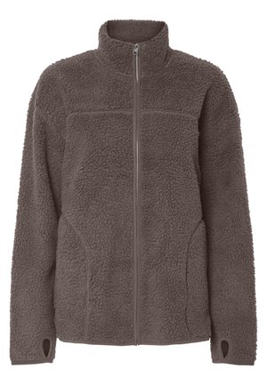 Brun fleecejakke med fuld lynlås, høj krave, tekstureret plysstof, lange ærmer og hul til tommelfingrene ved manchetterne.