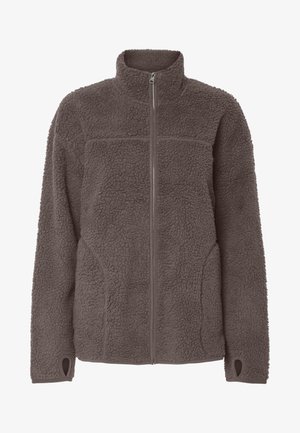 Brązowa polarowa kurtka na pełny zamek błyskawiczny, z wysokim kołnierzem, teksturowaną pluszową tkaniną, długimi rękawami i otworami na kciuki przy mankietach.