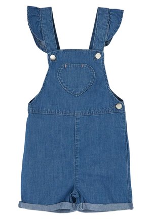 Niebieskie krótkie ogrodniczki z denimu z falbankami na ramiączkach, srebrnymi guzikami i kieszenią na piersi w kształcie serca.