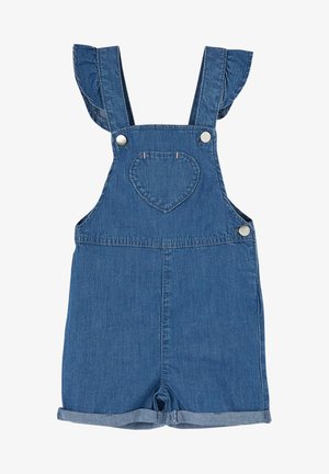 Blå denim kort hagedragt med flæsekanter på skulderstropperne, sølvfarvede knapper og en brystlomme formet som et hjerte.