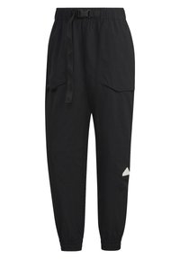Svarta joggerbyxor i lätt tyg, med ett elastiskt midjeband som har ett bälte, sidofickor och en liten logotypdetalj på benet.