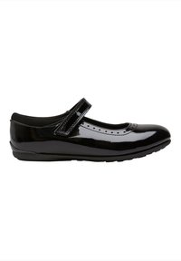 Scarpa Mary Jane in vernice nera con punta rotonda, cinturino regolabile in Velcro e dettagli decorativi perforati lungo il lato.