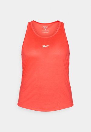 Coral Reebok sleeveless athletic tank top with round neckline and white Reebok logo centered on chest, size small.