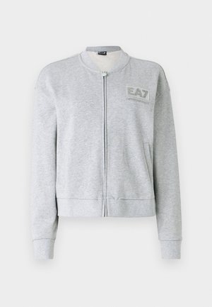 Gray sweatshirt with a zip front, ribbed cuffs, and waistband. Features a logo on the left chest area, made from soft material.