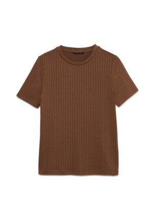 Maglietta marrone a maniche corte in maglia a coste con scollo tondo, mostrata distesa su sfondo bianco.