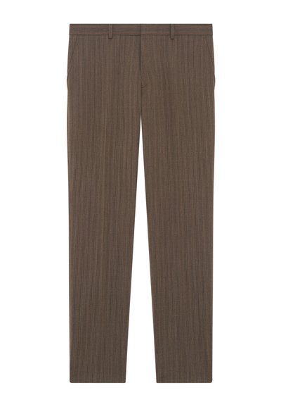 Bruine gestreepte broek met een rechte pijp, gemaakt van een gestructureerde stof. Voorzien van een standaard tailleband en zijzakken.
