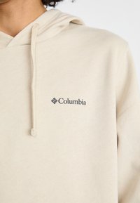 Šviesiai ruda gobtuvinė palaidinė, pagaminta iš malonios medžiagos, su galiuku prisiūtu gobtuvu ir maža juoda "Columbia" logotipu ant krūtinės. Paprastas, švarus dizainas.