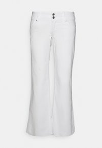 Jeans brancos de perna larga feitos de denim leve, com uma cintura alta, dois bolsos frontais e um fecho de botão duplo. Textura suave, design limpo.