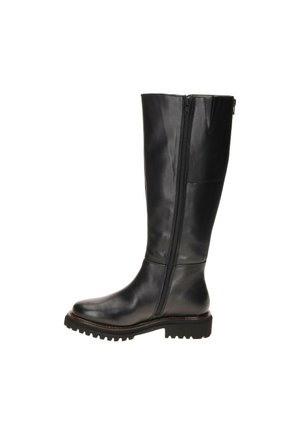 Botte noire en cuir montant jusqu’au genou, avec une fermeture éclair latérale sur toute la longueur et une semelle crantée épaisse.