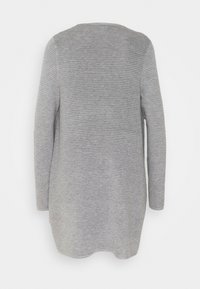 Långärmad, ljusgrå tröja med ribbad textur, rundad halsringning och en något förlängd bakslut, visad från bakifrån.