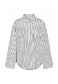 Striped button-up shirt with long sleeves, two chest pockets, rounded hem, made of lightweight fabric in white and black vertical stripes.