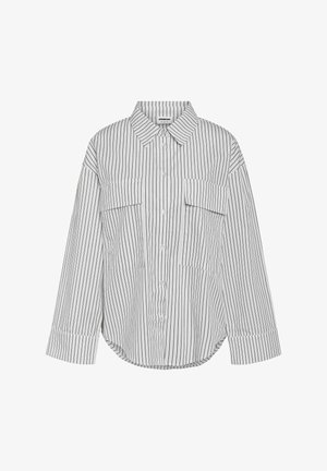 Striped button-up shirt with long sleeves, two chest pockets, rounded hem, made of lightweight fabric in white and black vertical stripes.