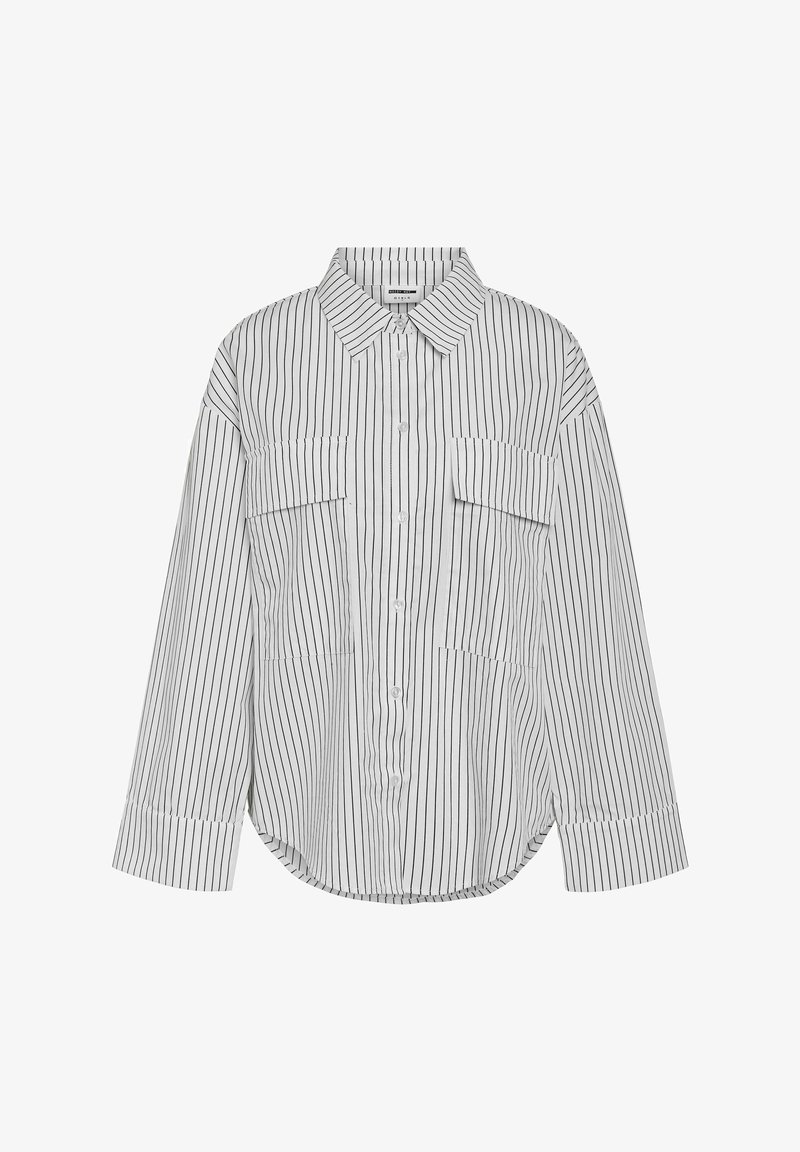 Striped button-up shirt with long sleeves, two chest pockets, rounded hem, made of lightweight fabric in white and black vertical stripes.