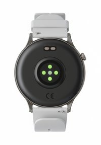 Smartwatch con quadrante rotondo nero, sensori verdi e cinturino in silicone grigio con texture liscia e design minimalista.