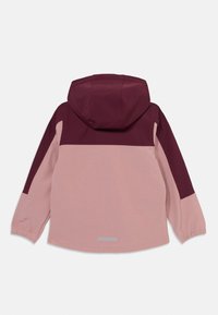 Hooded jacket with a color-blocked design: soft pink body, dark maroon shoulders, elastic cuffs, and a reflective detail at the hem.