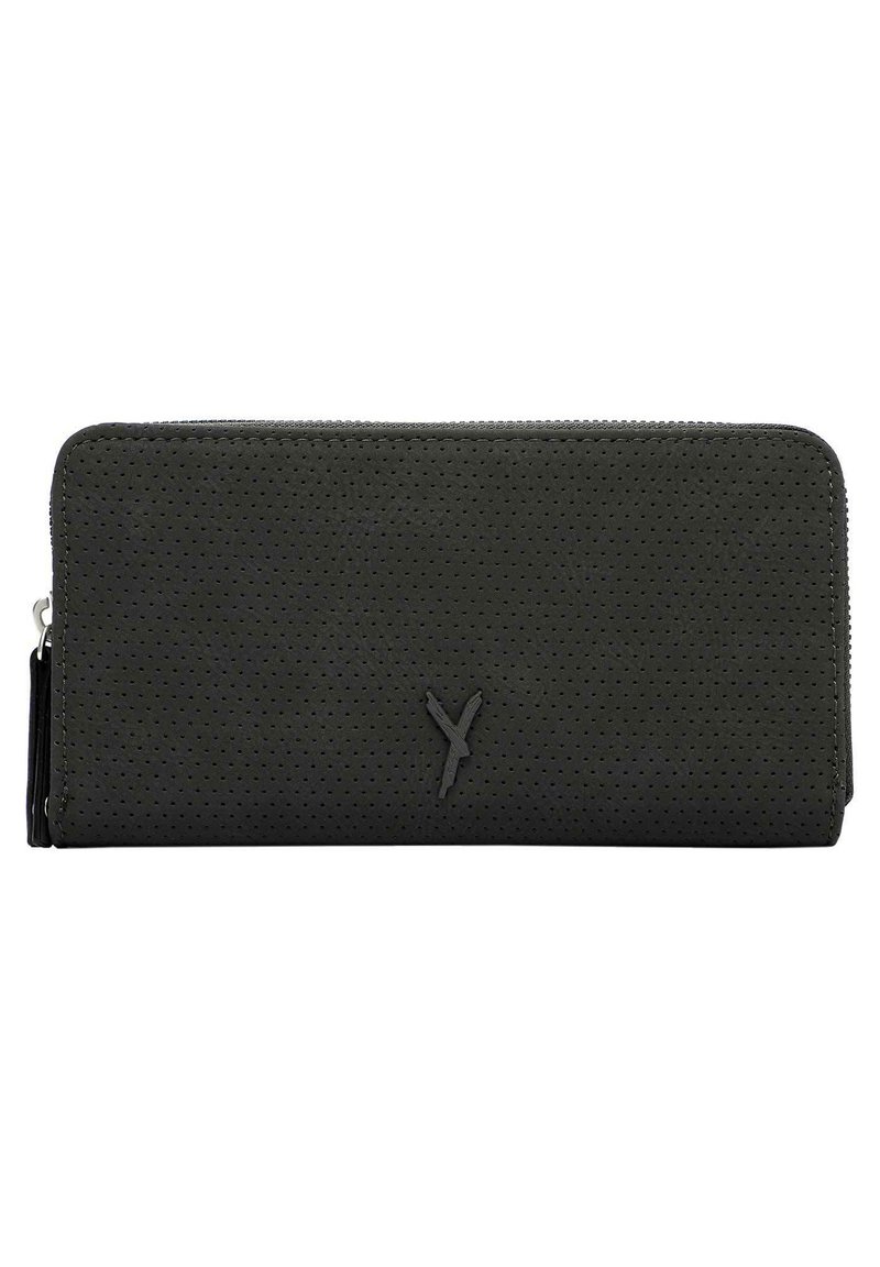 Portafoglio in pelle nera perforata con chiusura a zip, caratterizzato da una forma rettangolare elegante e un sottile logo dettagliato sulla parte anteriore.