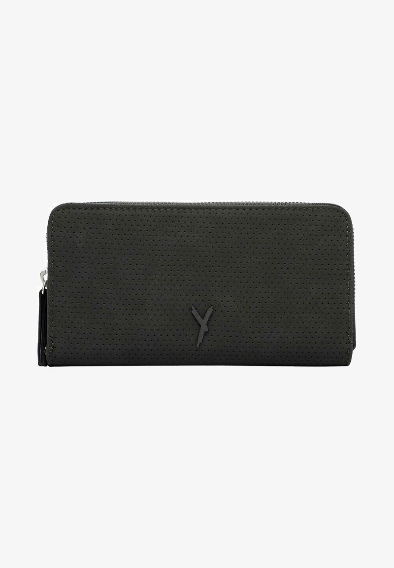 Black perforated leather wallet with a zip closure, featuring a sleek rectangular shape and subtle logo detailing on the front.