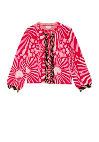 Cárdigan multicolor que presenta una base vibrante en rosa con patrones abstractos, ribetes negros y divertidos detalles de estampado animal en las mangas.
